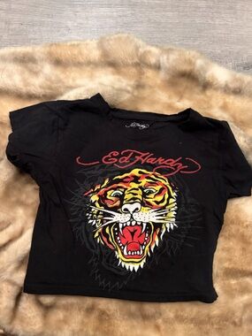 Ed Hardy Black Tee with Red and Yellow Tiger Graphic